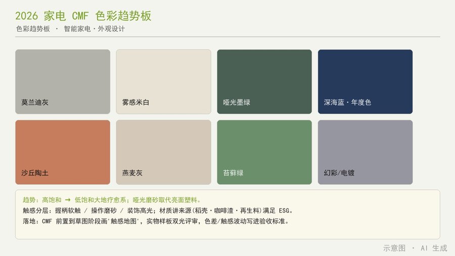 CMF 色板组合，展示多种颜色与材质表面处理样板